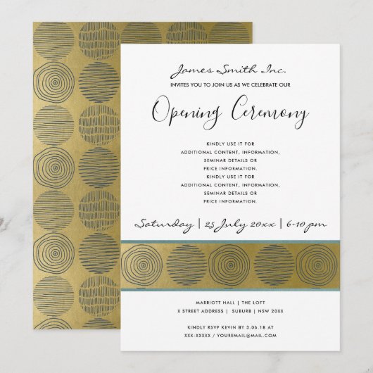 LUXE NAVY FAUX GOLD CIRCLE GRAND OPENING CEREMONY KAART (Voorkant / Achterkant)