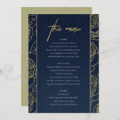 LUXE NAVY FAUX GOLD KRAFT ELEGANT ROOS FLORAL MENU (Voorkant / Achterkant)