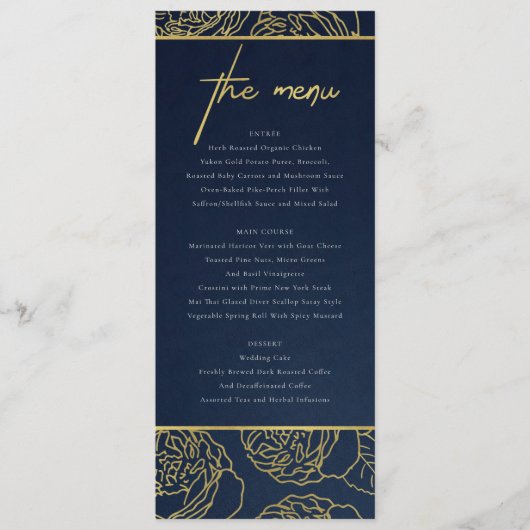 LUXE NAVY FAUX GOLD KRAFT ELEGANT ROOS FLORAL MENU (Voorkant)