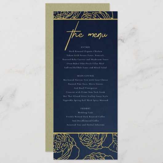 LUXE NAVY FAUX GOLD KRAFT ELEGANT ROOS FLORAL MENU (Voorkant / Achterkant)
