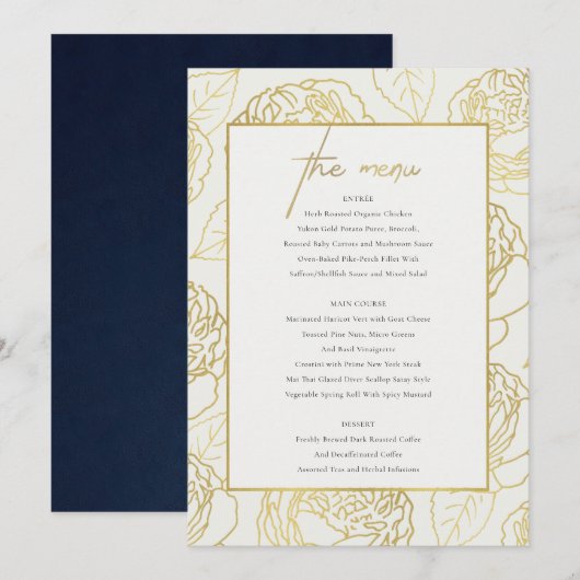 LUXE NAVY FAUX GOLD WHITE ELEGANT ROOS FLORAL MENU