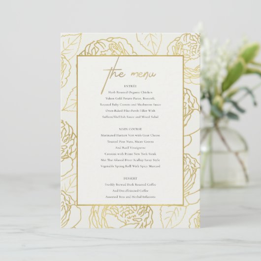 LUXE NAVY FAUX GOLD WHITE ELEGANT ROOS FLORAL MENU (Staand voorkant)