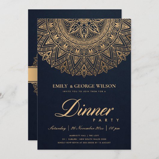 LUXE NAVY GOLD CLASSIC MANDALA DINNER PARTY KAART (Voorkant / Achterkant)