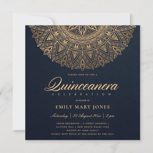 LUXE NAVY GOLD CLASSIC  MANDALA QUINCEANERA KAART (Voorkant)