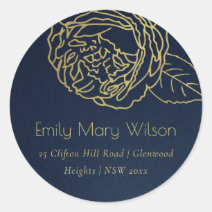LUXE NAVY GOLD ELEGANT ROOS FLORAL ADRES RONDE STICKER
