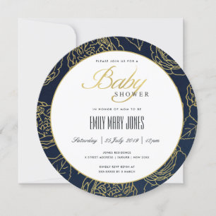 LUXE NAVY GOLD ELEGANT ROOS FLORAL BABY SHOWER KAART