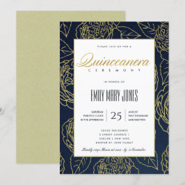 LUXE NAVY GOLD ELEGANT ROOS FLORAL QUINCEANERA KAART