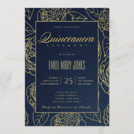 LUXE NAVY GOLD ELEGANT ROOS FLORAL QUINCEANERA KAART