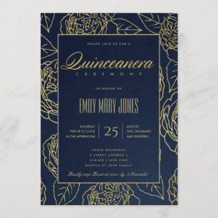 LUXE NAVY GOLD ELEGANT ROOS FLORAL QUINCEANERA KAART