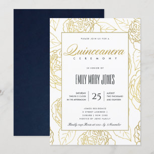 LUXE NAVY GOLD ELEGANT ROOS FLORAL QUINCEANERA KAART