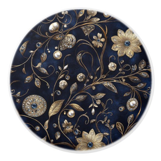 Luxe Navy Gold Floral Keramische Knop (Voorkant)