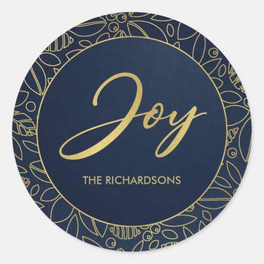 LUXE NAVY GOLD HOLLY BERRIES CHRISTMAS JOY RONDE STICKER (Voorkant)
