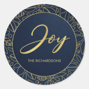 LUXE NAVY GOLD HOLLY BERRIES CHRISTMAS JOY RONDE STICKER