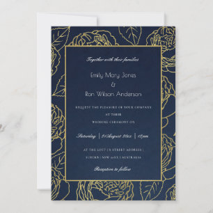 LUXE NAVY GOLD KRAFT ELEGANT ROOS FLORAL WEDING KAART