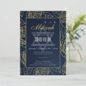 LUXE NAVY GOLD ROOS FLORAL BAT BAR MITZVAH INVITE BEDANKKAART (Staand voorkant)