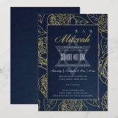 LUXE NAVY GOLD ROOS FLORAL BAT BAR MITZVAH INVITE BEDANKKAART (Voorkant / Achterkant)