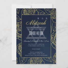 LUXE NAVY GOLD ROOS FLORAL BAT BAR MITZVAH INVITE BEDANKKAART
