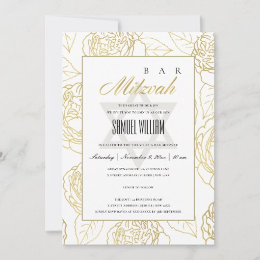 LUXE NAVY GOLD ROOS FLORAL BAT BAR MITZVAH INVITE BEDANKKAART (Voorkant)