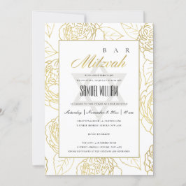 LUXE NAVY GOLD ROOS FLORAL BAT BAR MITZVAH INVITE BEDANKKAART
