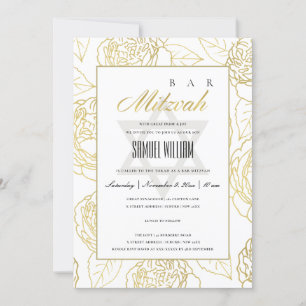 LUXE NAVY GOLD ROOS FLORAL BAT BAR MITZVAH INVITE BEDANKKAART