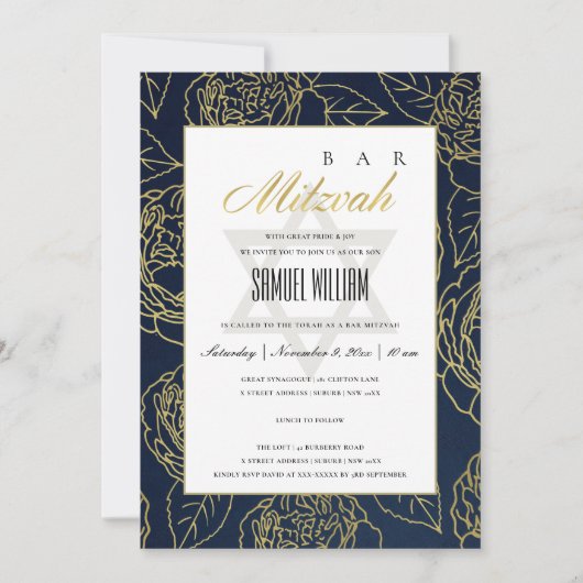 LUXE NAVY GOLD ROOS FLORAL BAT BAR MITZVAH INVITE BEDANKKAART (Voorkant)