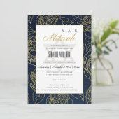 LUXE NAVY GOLD ROOS FLORAL BAT BAR MITZVAH INVITE BEDANKKAART (Staand voorkant)