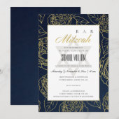 LUXE NAVY GOLD ROOS FLORAL BAT BAR MITZVAH INVITE BEDANKKAART (Voorkant / Achterkant)