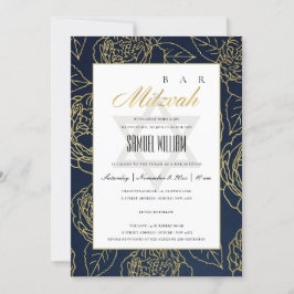LUXE NAVY GOLD ROOS FLORAL BAT BAR MITZVAH INVITE BEDANKKAART