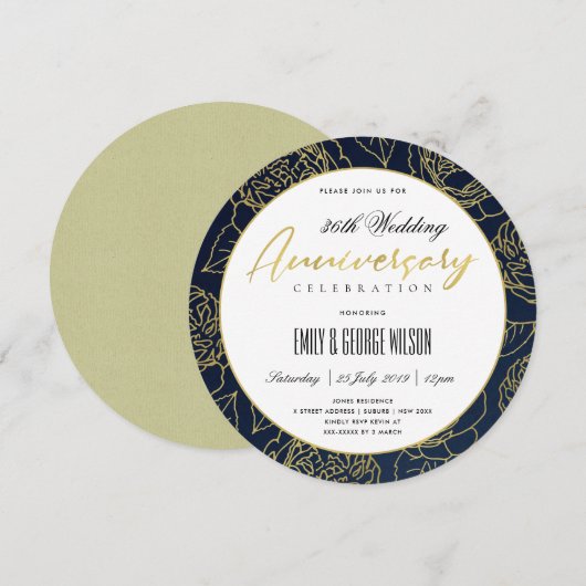 LUXE NAVY GOLD ROOS FLORAL ELK JAAR JUBILEUM KAART (Voorkant / Achterkant)