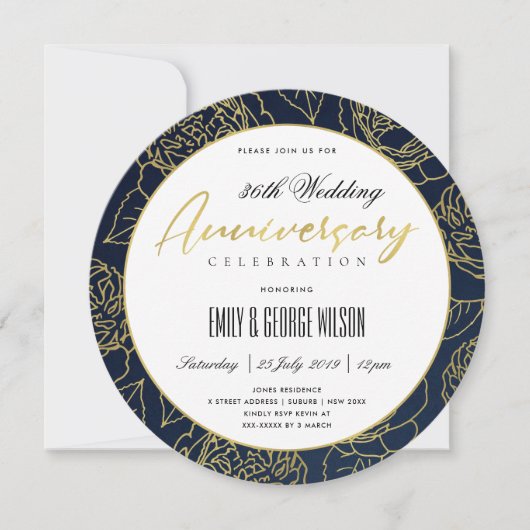 LUXE NAVY GOLD ROOS FLORAL ELK JAAR JUBILEUM KAART (Voorkant)