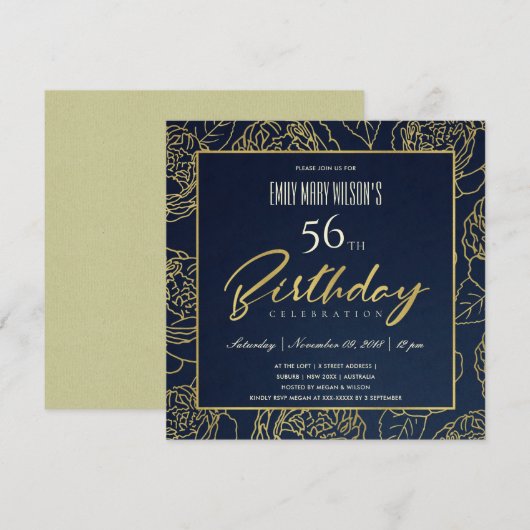 LUXE NAVY GOLD ROOS FLORAL ELKE LEEFTIJD BIRTHDAAG KAART (Voorkant / Achterkant)