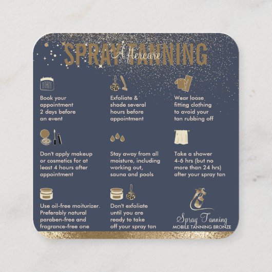 Luxe Navy Gold Square Spray Tan Nazorg Vierkante Visitekaartje (Achterkant)