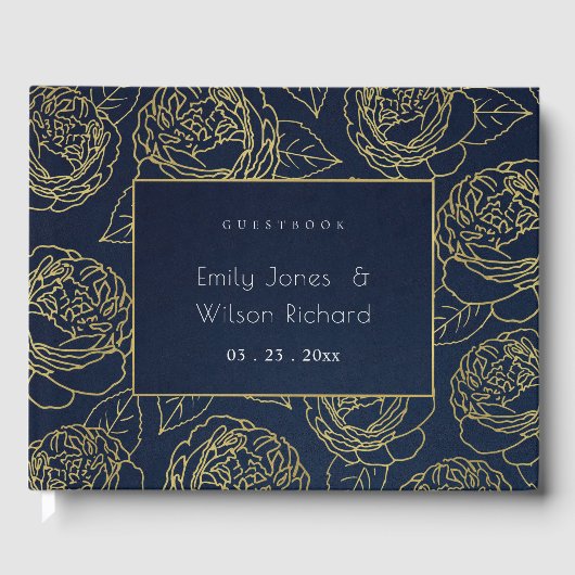 LUXE NAVY GOUD KRAFT ELEGANTE ROOS FLORALE TROUW GASTENBOEK (Voorkant)