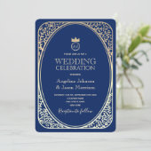 Luxe Navy Goud Monogram Trouwfeest Kaart (Staand voorkant)