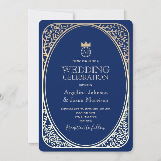 Luxe Navy Goud Monogram Trouwfeest Kaart (Voorkant)