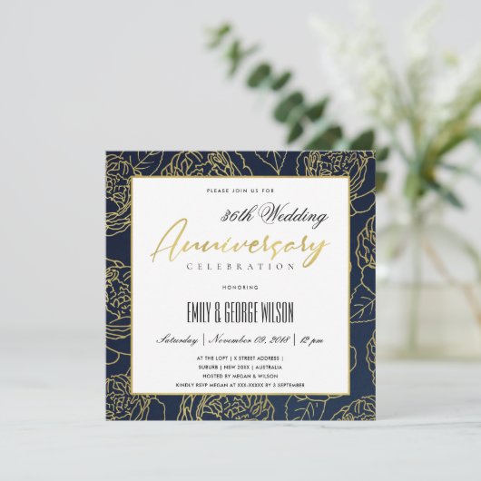 LUXE NAVY GOUD ROOS FLORALE JUBILEUM JAARLIJKS KAART (Staand voorkant)