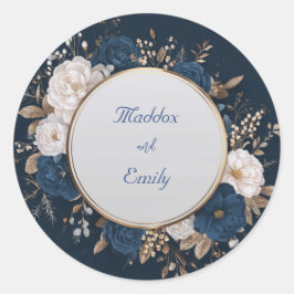 Luxe Navy Goud Witte Roos Bloemenkrans Trouwfeest Ronde Sticker