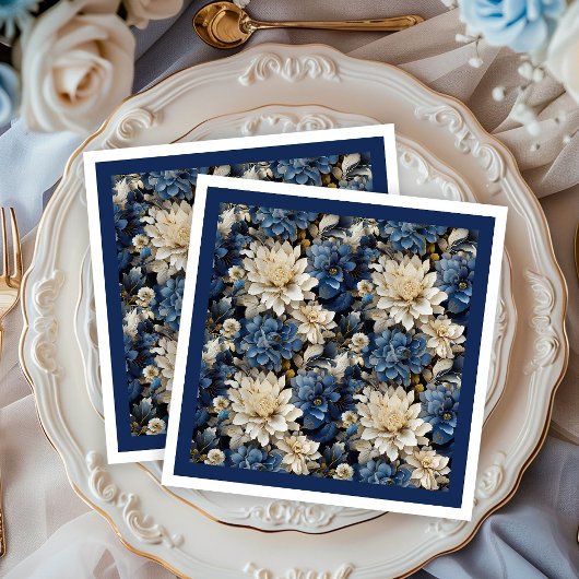 Luxe Navy Ivoorwitte Bloem Dinner Servetten