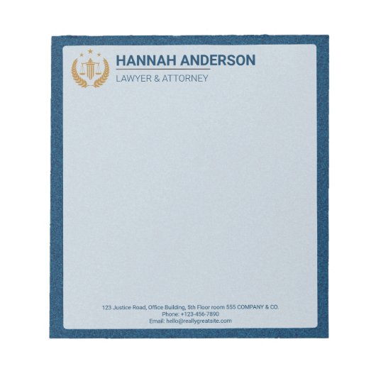 Luxe Navy Leer Uitzicht Advocaat Logo Notitieblok (Voorkant)