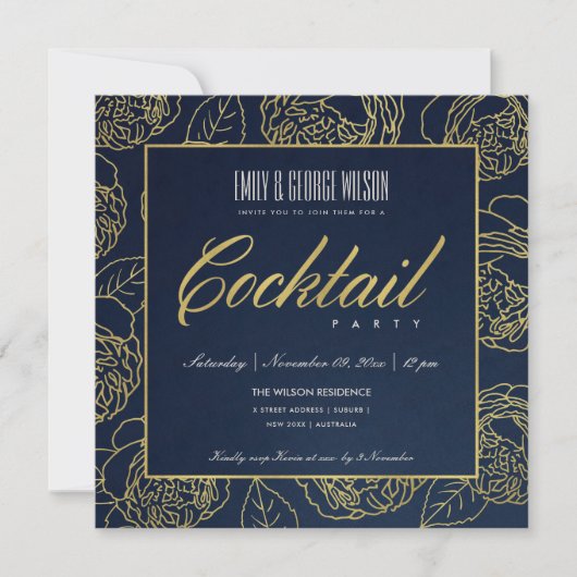 LUXE NAVY NEPERGOLD ROZEN FLORALE COCKTAILPARTY KAART (Voorkant)
