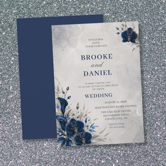 Luxe Navy Orchidee Calla Lelie Zilveren Bruiloft Kaart