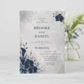 Luxe Navy Orchidee Calla Lelie Zilveren Bruiloft Kaart (Staand voorkant)