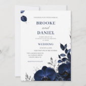 Luxe Navy Orchidee Zilveren Glitter Bruiloft Kaart (Voorkant)