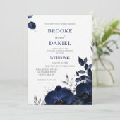 Luxe Navy Orchidee Zilveren Glitter Bruiloft Kaart (Staand voorkant)