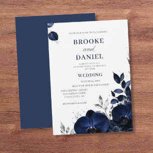Luxe Navy Orchidee Zilveren Glitter Bruiloft Kaart