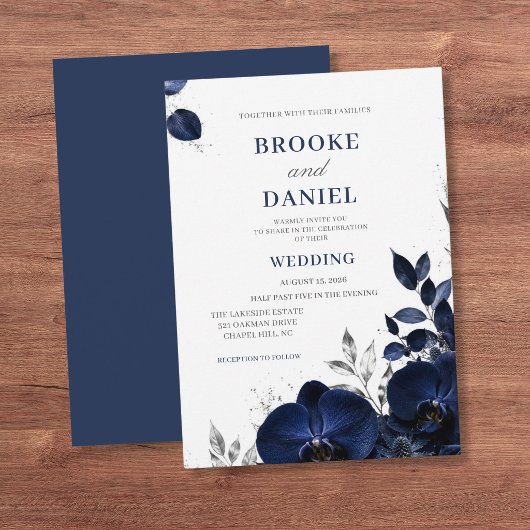 Luxe Navy Orchidee Zilveren Glitter Bruiloft Kaart
