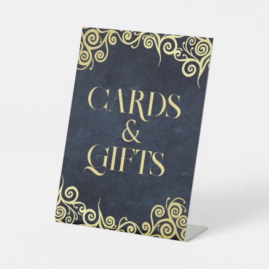 Luxe Navyblauw en Gouden Bloei Wintertrouw Reclamebord Met Voetstuk (Voorkant)