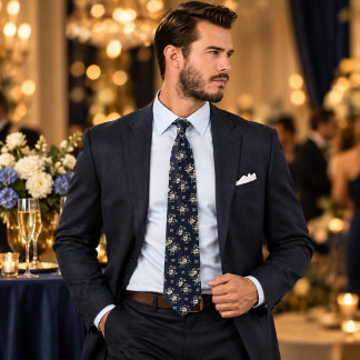 Luxe Navyblauw en Gouden Bloem Motief Naadloos Pat Stropdas