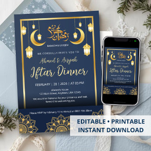 Luxe Navyblauw en Gouden Mandala Iftar-diner Kaart