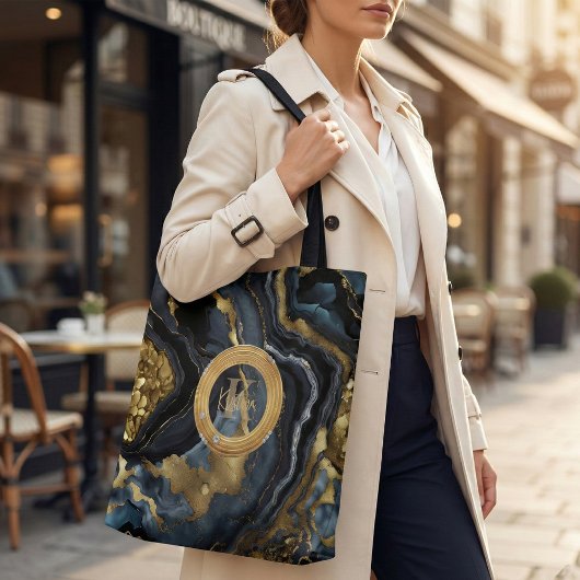 Luxe Navyblauw & Goud Agat Marmer Monogram Tote Bag